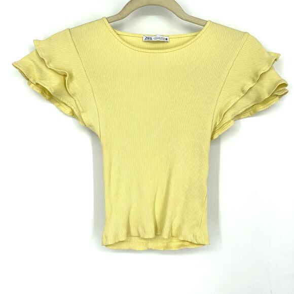 Zara Yellow Ribbed Crop Top Small Ruffle Sleeveless - Picture 1 of 5
